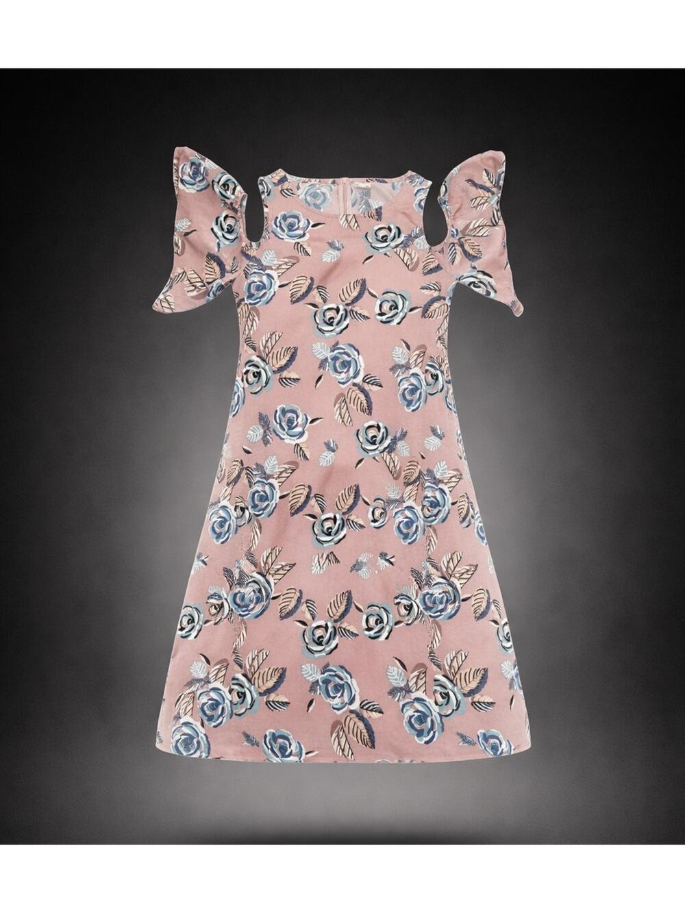 Womens Floral Cold Shoulder Dress Dusty Pink Blue Roses Flutter Sleeve Sz Large